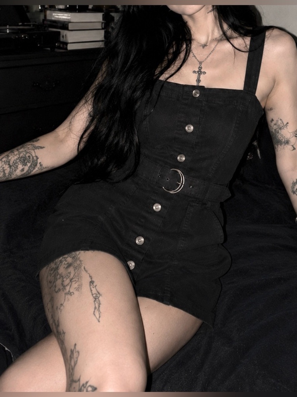 Dolls Gothic Denim Mini Essential Stylish Dress with Belt & Button Front- Women